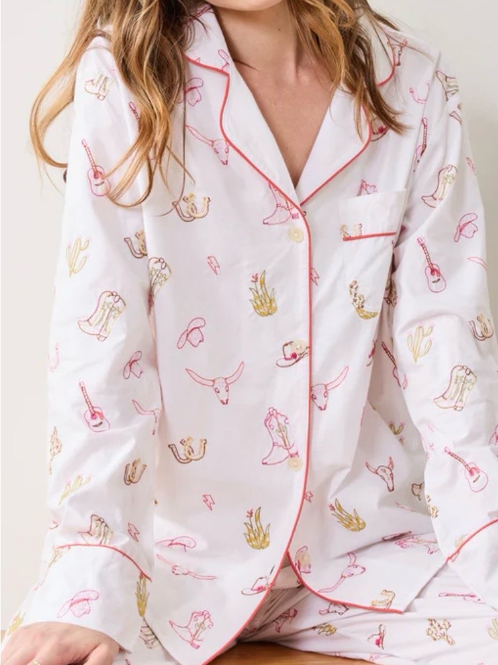 Anthropologie x Printfresh White Embroidered Western-Print Pajama Set